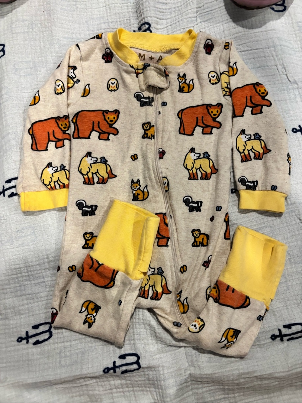 Beige Animal Print Footed One-Piece with Yellow Trim
